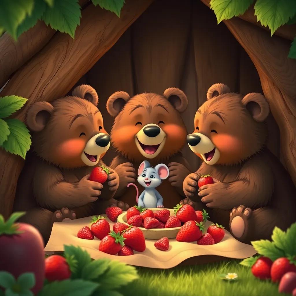 Three bear cubs, enjoying a picnic of juicy strawberries with Miguel the mouse, in a cozy walnut and leaf house, laughter and friendship, warm colors, joyful atmosphere, high quality