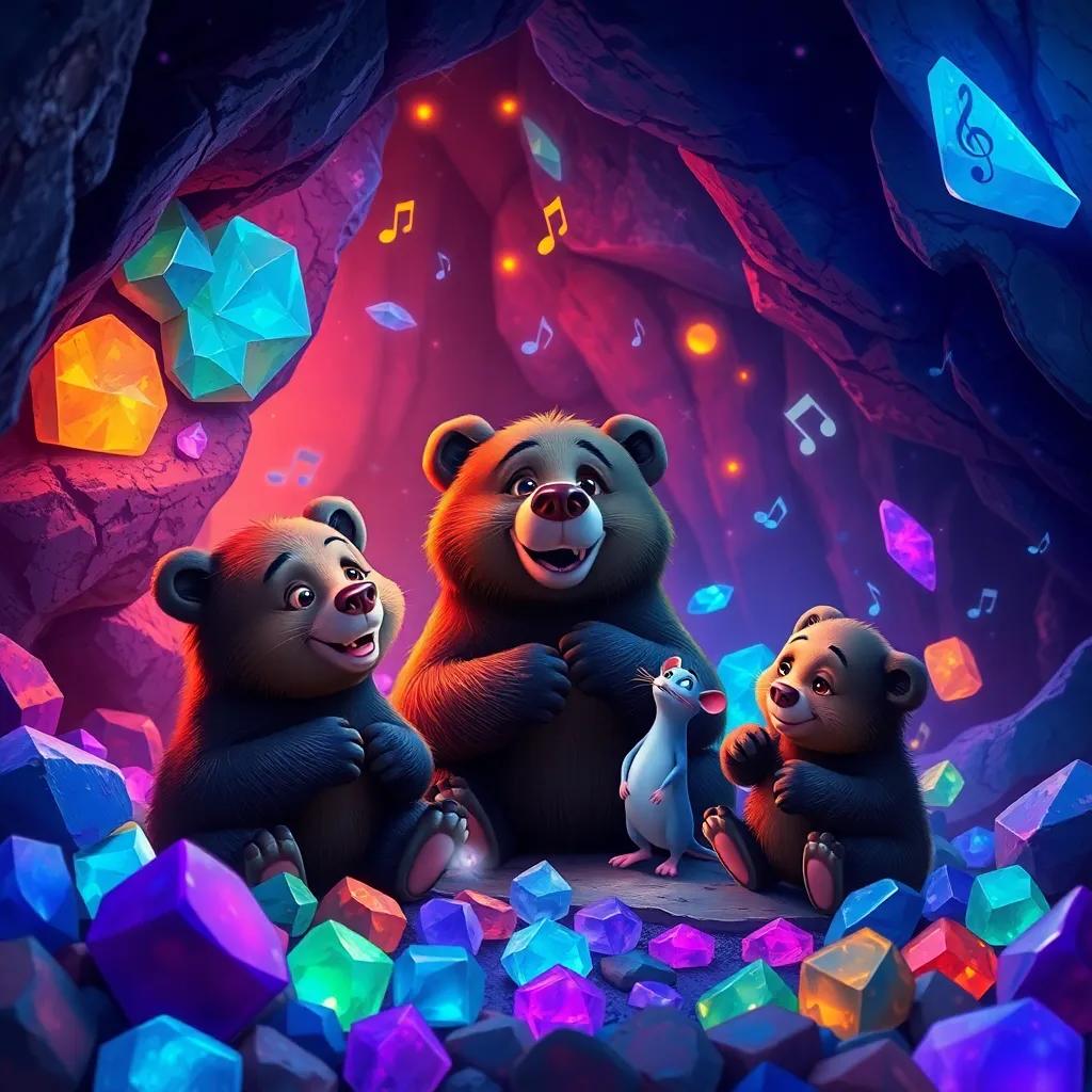 Three bear cubs and Miguel the mouse, in a cave filled with sparkling stones of different colors, music floating in the air, vibrant colors, magical atmosphere, high quality