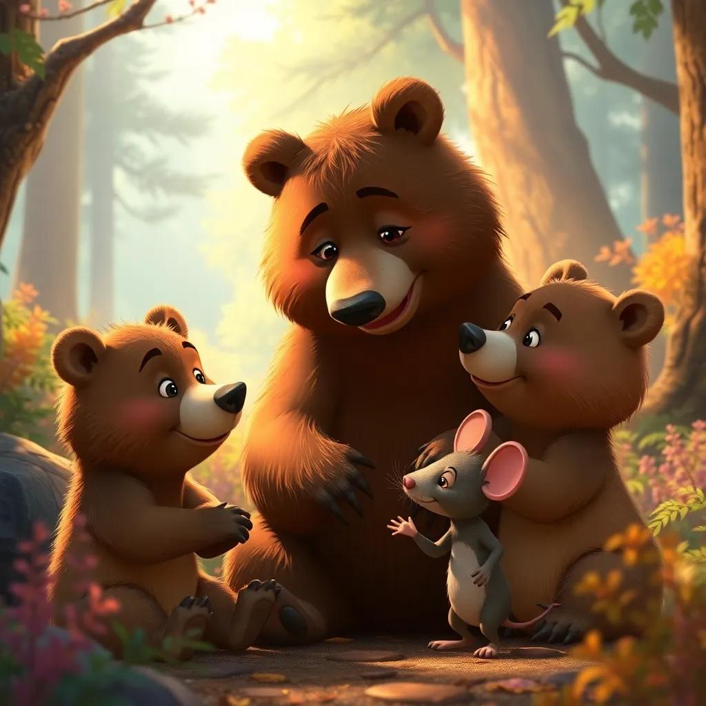 Three bear cubs saying goodbye to Miguel the mouse, in a cozy forest scene, warm light and colorful surroundings, a scene of friendship, high quality