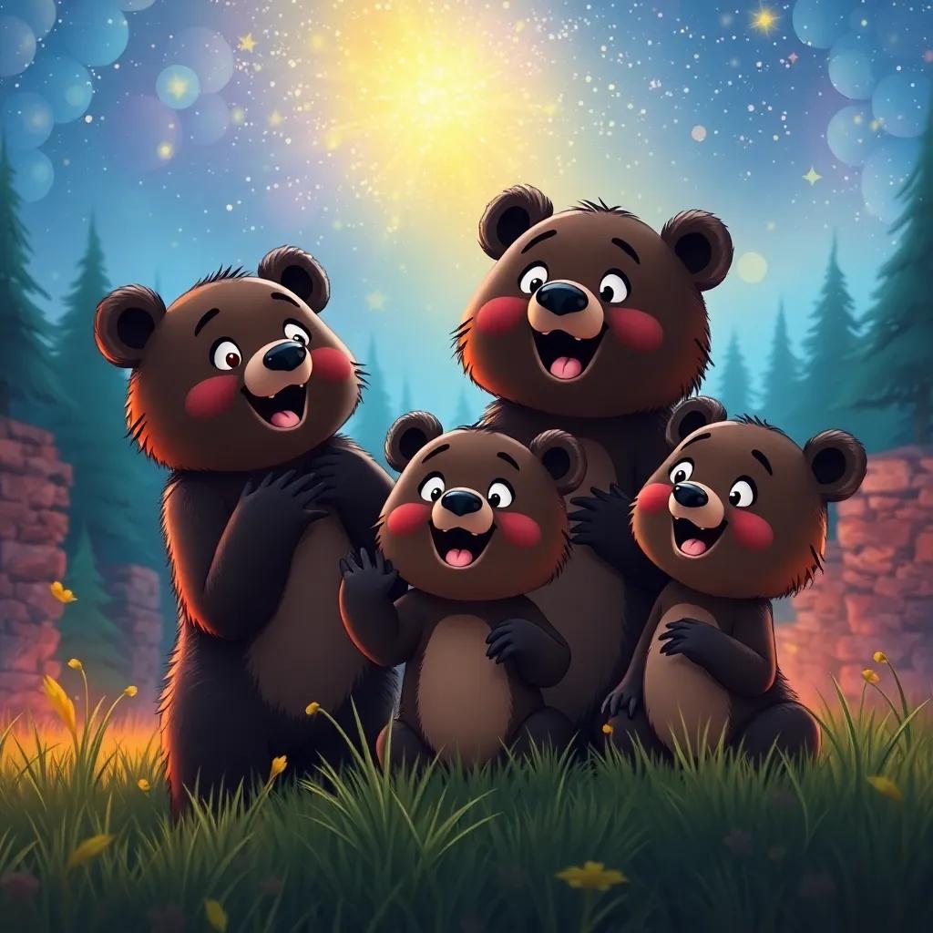 Three bear cubs, sharing the amazing experiences of their day, excited expressions under a starlit sky, colorful forest backdrop, warm light, joyful mood, high quality