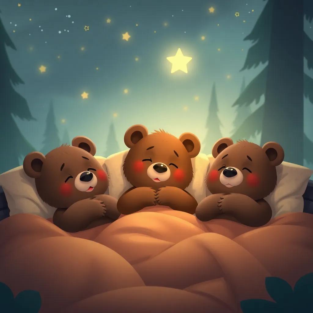 Three bear cubs, Tomás, Lila, and Bruno, snuggled in their beds, dreaming of forest adventures, a soft warm light glows, cozy atmosphere, high quality