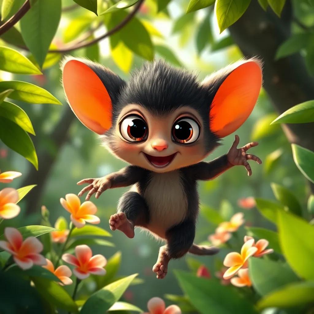 Mico, un pequeño mono marrón con grandes ojos, saltando feliz entre los árboles verdes de la jungla, rodeado de hojas brillantes y flores coloridas, digital art, vibrante, alegre, iluminado por el sol, perspectiva de la selva
