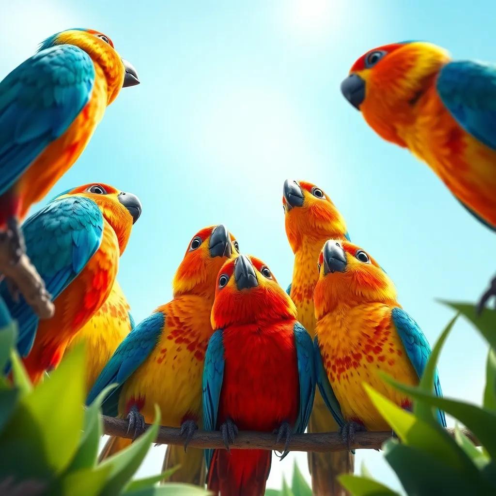 Un grupo de pájaros de colores brillantes, azules, rojos y amarillos, cantando juntos en una rama alta, con Mico el mono mirando hacia arriba desde abajo, aria alegre, colores vivos, perspectiva de la vegetación, arte digital