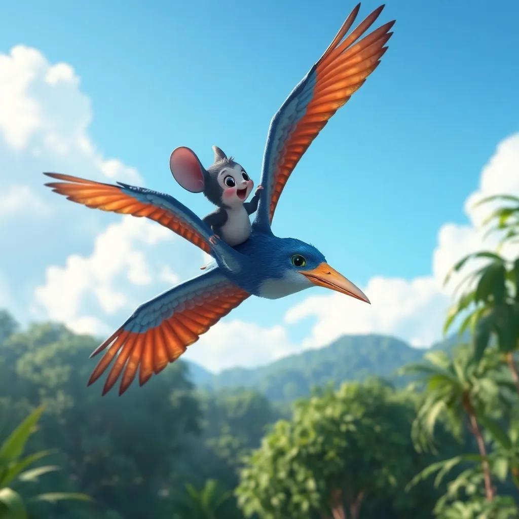 Mico montando sobre un gran pájaro azul, volando alto sobre la selva, con el cielo azul claro de fondo, sintiéndose emocionado y feliz, arte infantil, alegre, vista aérea, colores cálidos, arte digital