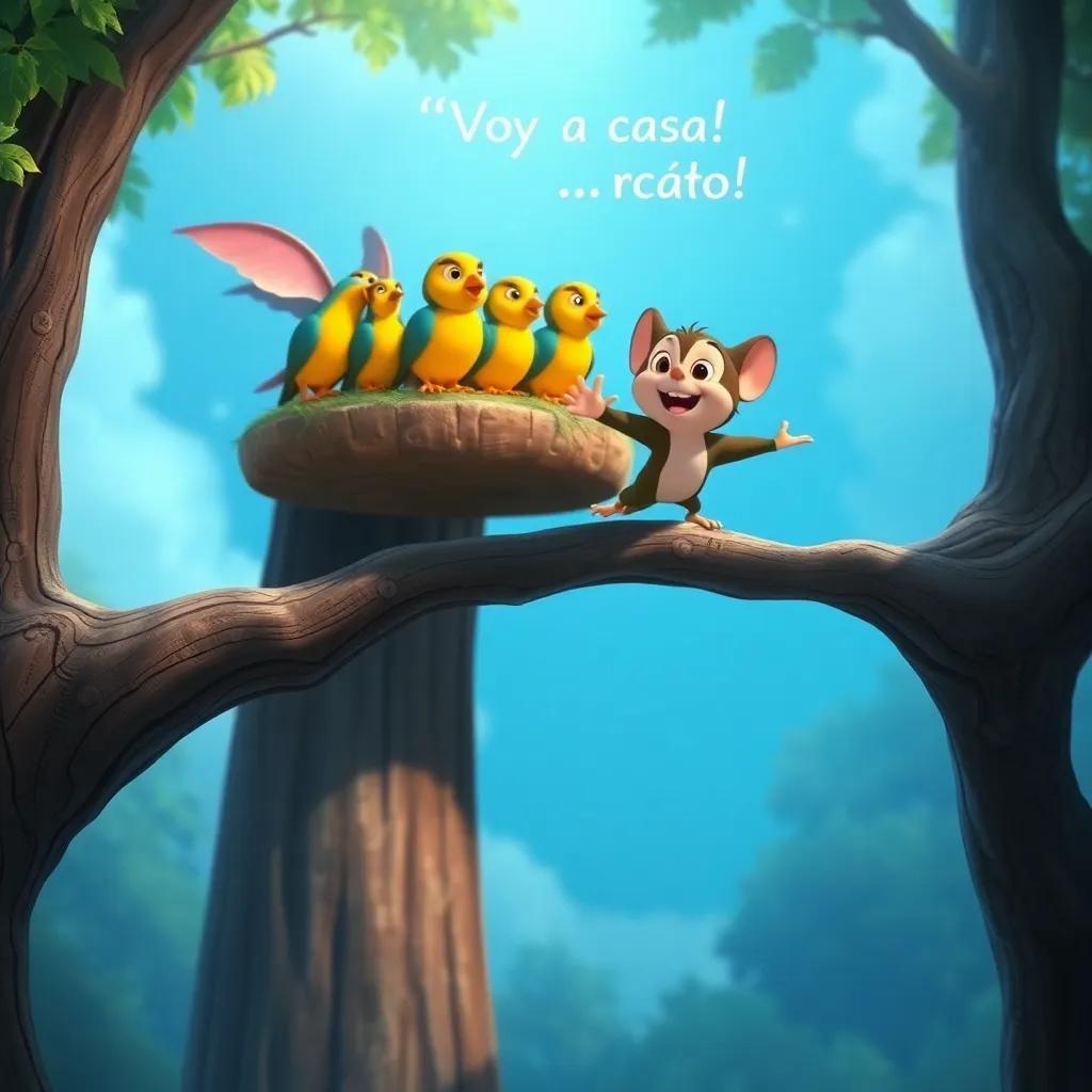 Mico volando sobre un gran árbol con un grupo de pájaros por encima, Mico diciendo "¡Voy a casa!", con una sonrisa grande, arte animado, detalle alto, mundo de fantasía, colores intensos