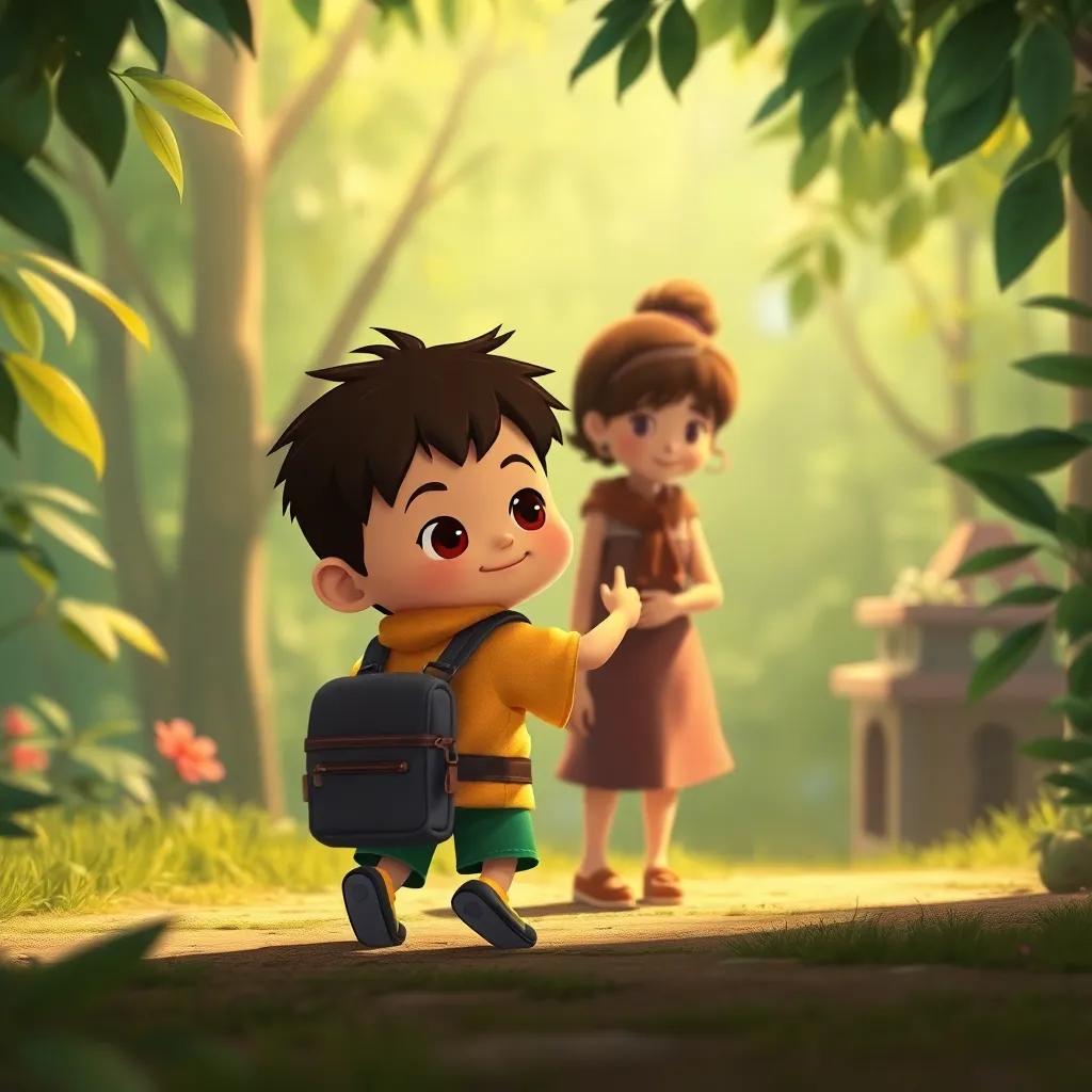 Mico llegando a su hogar, su madre esperándolo con un gran abrazo, la jungla verde de fondo, arte tierno, ilustración emocional, perspectiva cercana, cálido