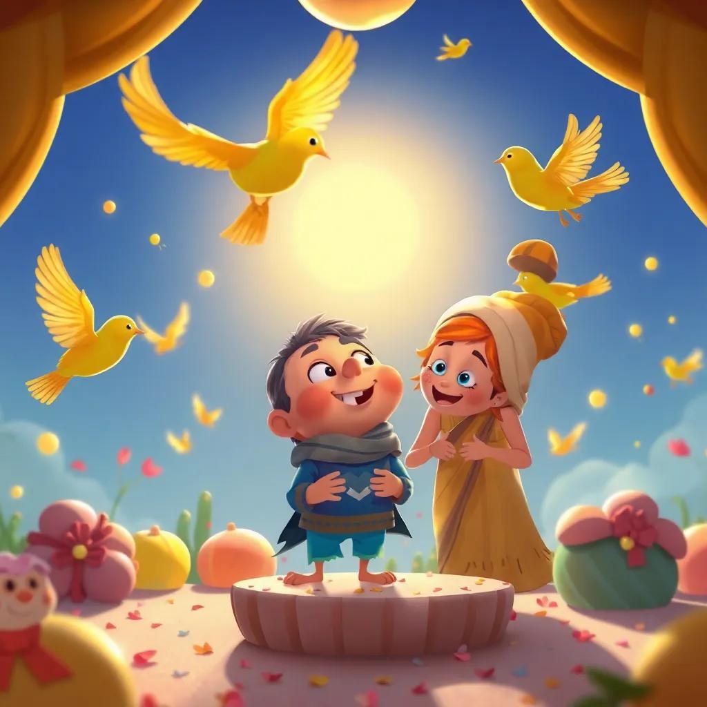Los pájaros felices volando alrededor de Mico y su madre, celebrando una fiesta, el sol brillando y el ambiente festivo, colores alegres, arte colorido, confortable, alegre