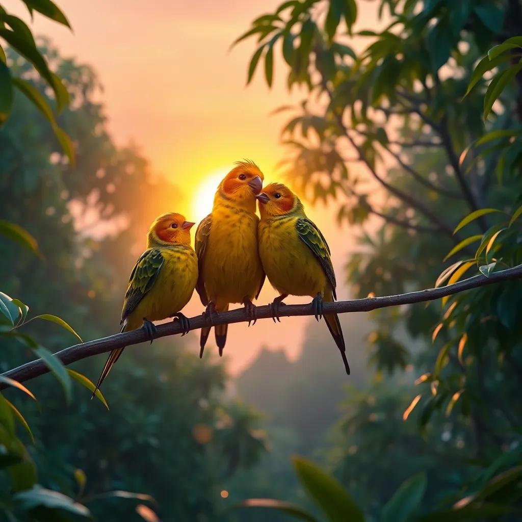 Mico y los pájaros sentados juntos en una rama, disfrutando de un hermoso atardecer, la selva tranquila y cálida, arte digital, hermoso, perspectiva de naturaleza, vibrante