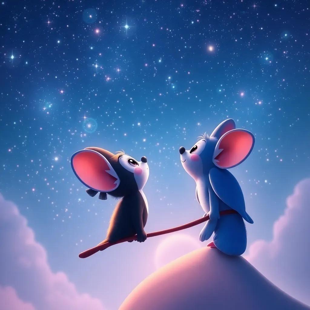Mico mirando al cielo estrellado con los pájaros a su lado, disfrutando de la amistad y la aventura, arte de fantasía, hermoso, colores suaves, iluminado suavemente, digital art