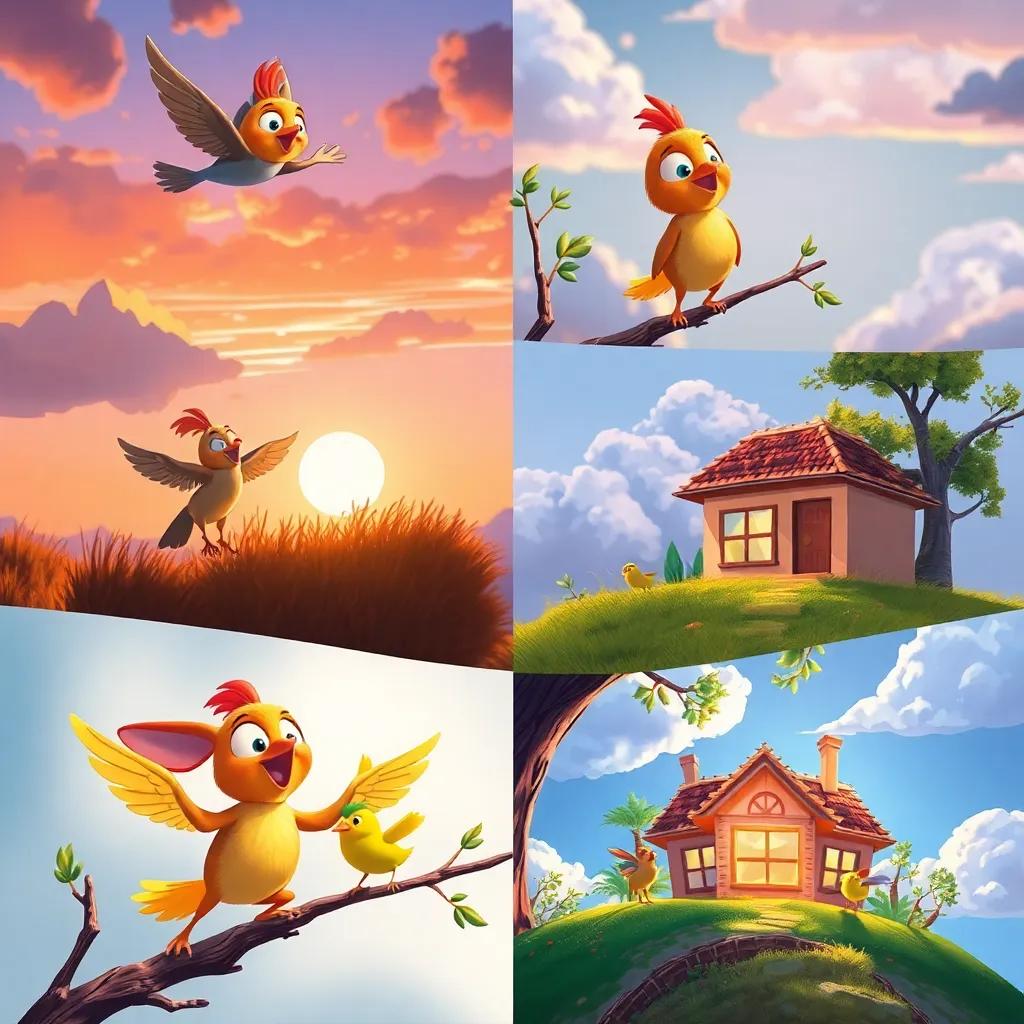 Un collage de momentos de la aventura de Mico, de él volando, encontrando a los pájaros y llegando a casa, estilo colorido y alegre, representación artística, vibrante, narrativo, arte digital