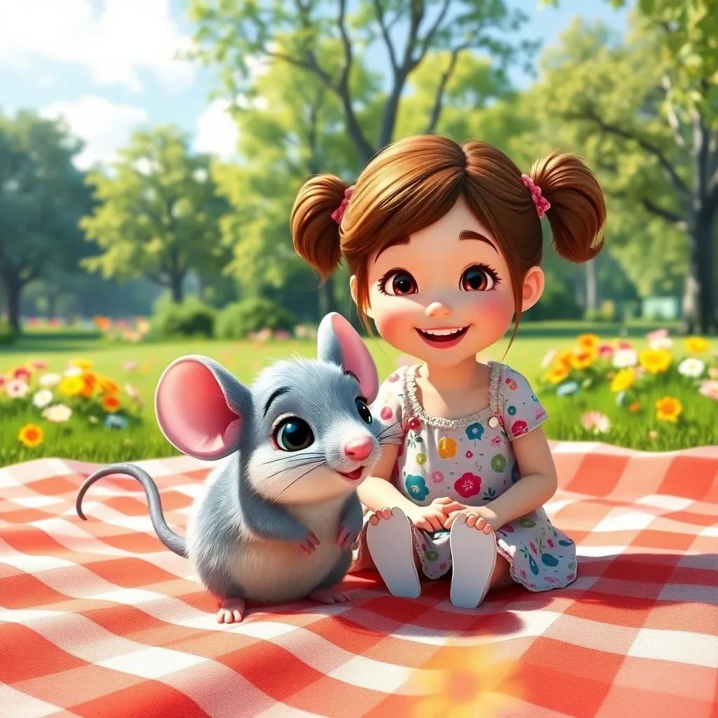 A small mouse, Nisi, with soft gray fur and bright eyes, sitting on a picnic blanket with her owner, Lola, a young girl with brown hair in pigtails, smiling happily, sunny park with colorful flowers and green trees, cheerful and inviting atmosphere, vibrant colors, digital art, high quality