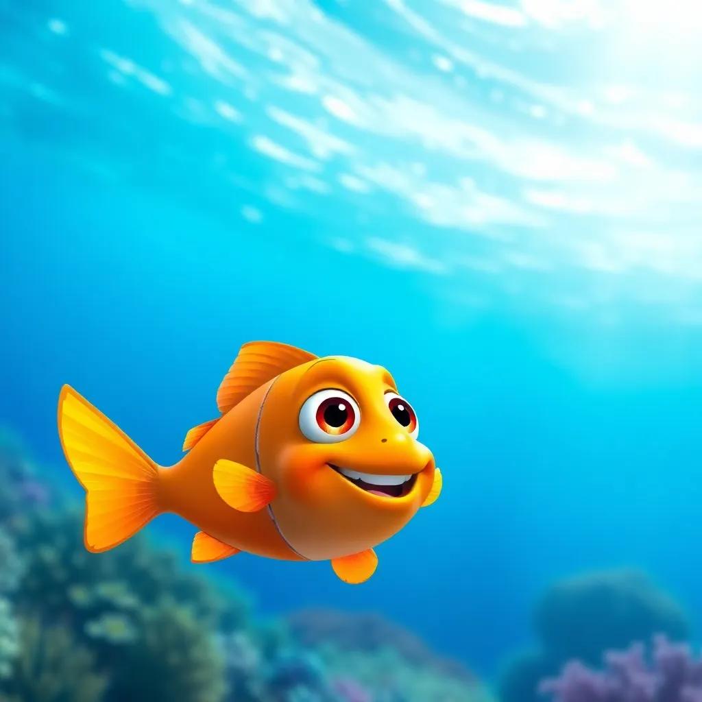 A little orange fish, Pipo, with big sparkling eyes, swimming happily in a bright blue ocean with sunlight filtering through the water, coral reef in the background, digital art, vibrant colors, cheerful atmosphere, high detail