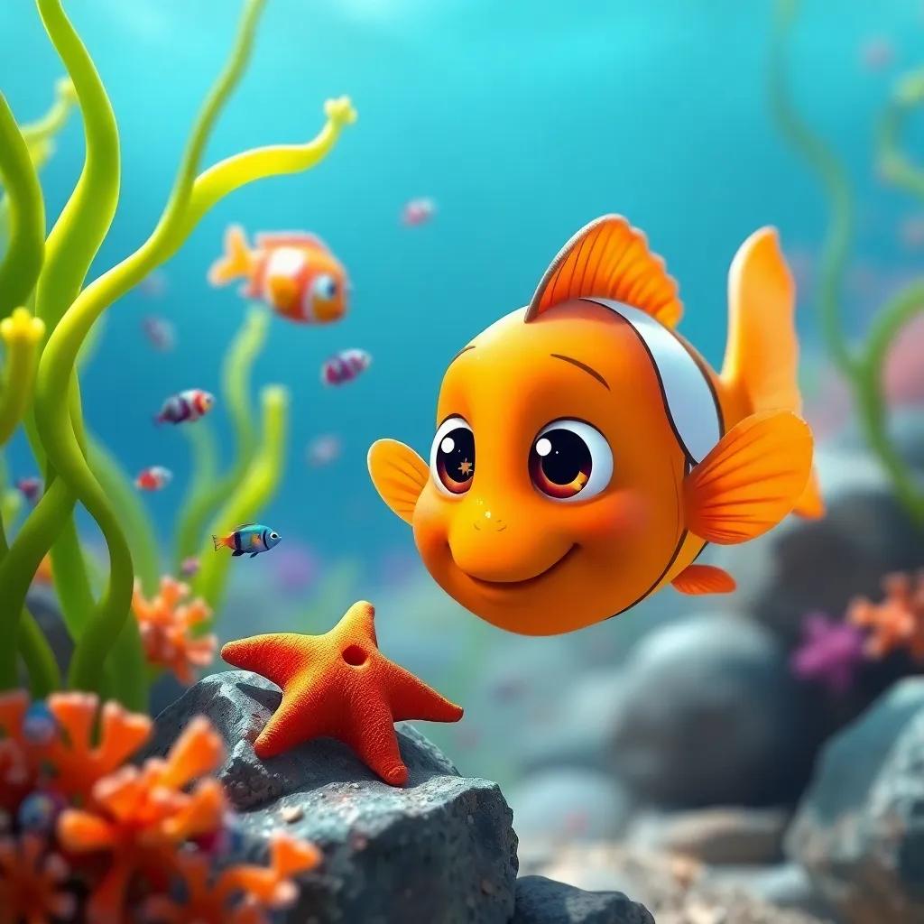 A little orange fish, Pipo, with big sparkling eyes, swimming fast among vibrant green seaweed and colorful tiny fish, finding a small starfish caught between rocks, digital art, lively colors, adventurous mood, high quality