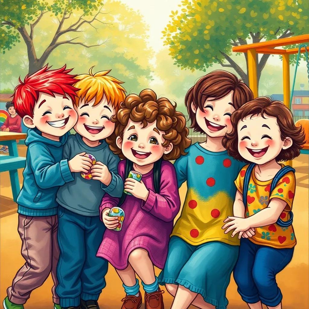 A group of children playing together, Rous with red hair and freckles, Louis who is plump, munching on candies, María with curly brown hair, and Angélica with Down syndrome, all smiling joyfully, colorful playground, lively scene, friendly vibe, illustration, warm light, colorful