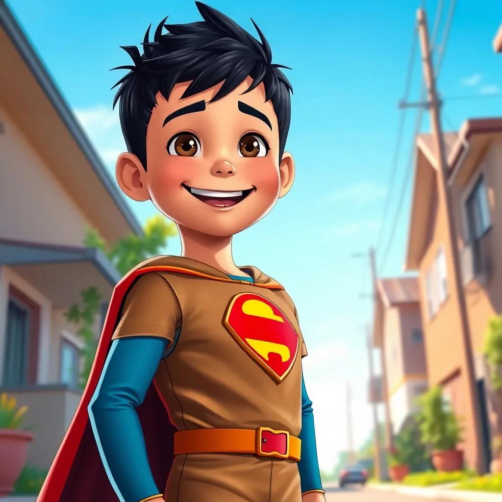 A young boy, Super Cholo, with short black hair, wearing a colorful superhero costume and a cape, standing confidently in the neighborhood with a bright smile, bright blue sky, cheerful atmosphere, digital art, vibrant colors, joyful scene, high quality