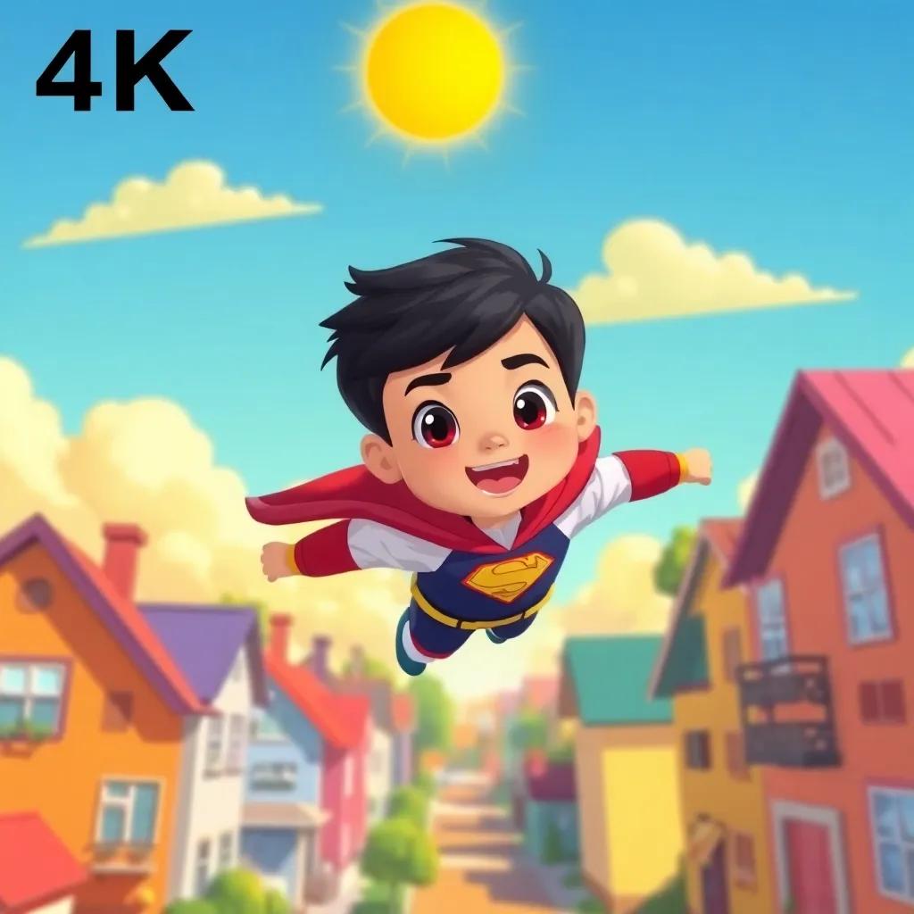 Super Cholo, a young boy with short black hair, wearing a superhero costume with a cape, flying in the sky above a neighborhood with colorful houses, vibrant colors, sunny day, illustration, dynamic action, child-friendly, uplifting scene