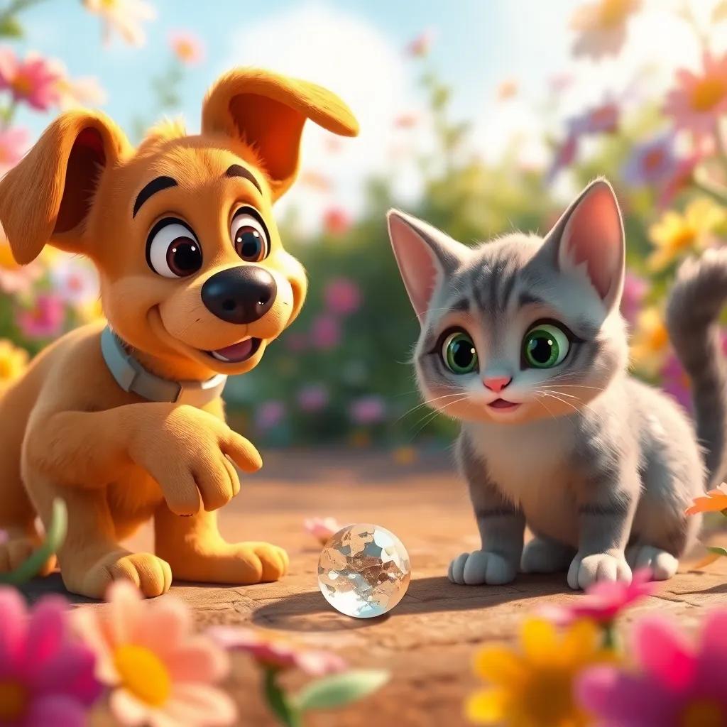 A curious dog named Tito, with golden fur and a collar, excitedly pointing at a shiny object on the ground, and a brave cat named Tita, with soft gray fur and green eyes, looking closely at the object, in a whimsical setting filled with colorful flowers and sunlight, digital art, vibrant colors, cheerful atmosphere, high quality