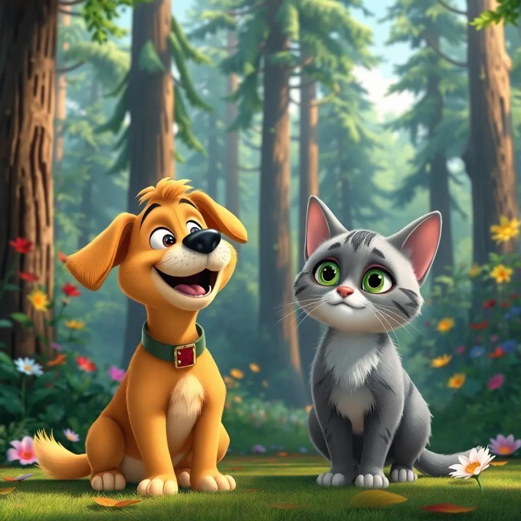 A curious dog named Tito, with golden fur and a collar, happily barking in front of a lush forest with tall trees and colorful flowers, and a brave cat named Tita, with soft gray fur and green eyes, looking focused and wise, standing next to him in a lively scene, illustration, joyful mood, high quality