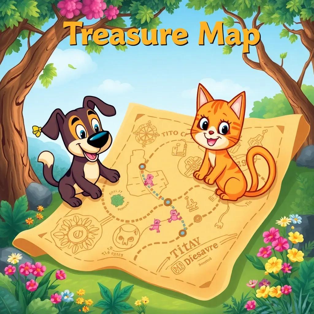 A treasure map found by Tito the dog and Tita the cat, with colorful illustrations on the map, surrounded by nature with trees and flowers, cartoon art, lively and adventurous, inviting for children, high quality
