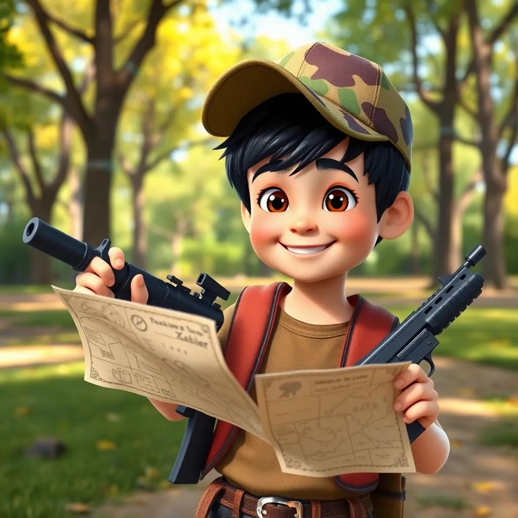 A young boy, Xabier, with short black hair wearing a camouflage cap, holding toy guns and a treasure map in a park, cheerful, adventurous atmosphere, digital art, vibrant colors, happy, high quality