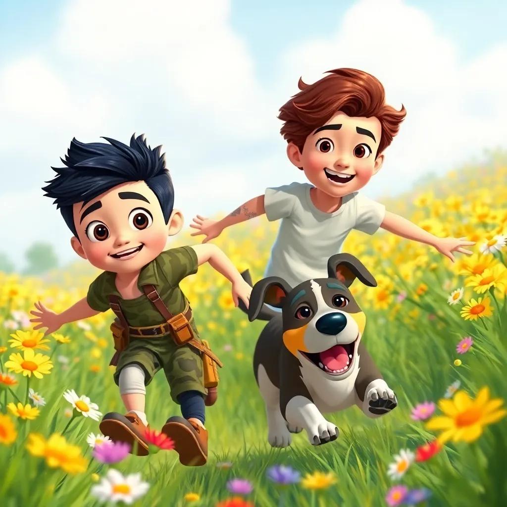 Two boys, Xabier with short black hair in a camouflage outfit and Adán with wavy brown hair in a simple t-shirt, running through a field of flowers with a playful big dog chasing them, lively, colorful, fun scene, digital illustration, detailed, child-friendly