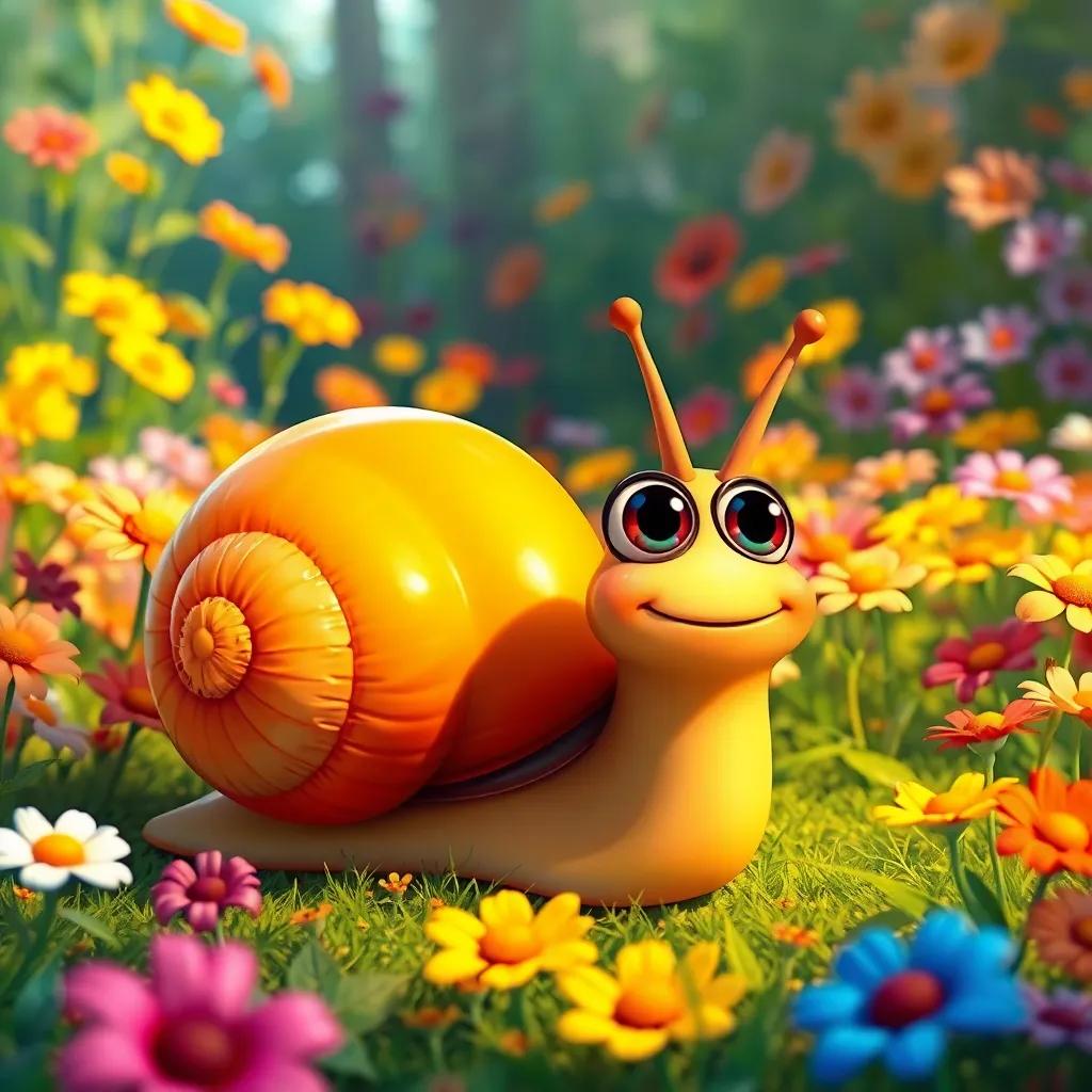 A curious snail named Silvio with a shiny shell and big eyes, dreaming of adventure in a colorful garden full of flowers, digital art, vibrant colors, cheerful atmosphere, high quality