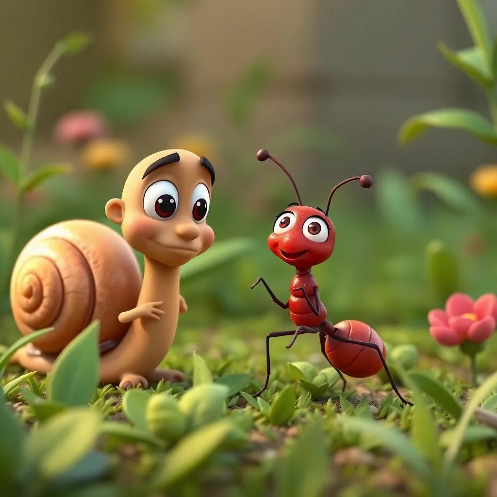 Silvio the snail meeting Ana the ant, a small ant with a red body and determined eyes, excitedly discussing adventures in the green garden, illustration, playful, engaging, child-friendly