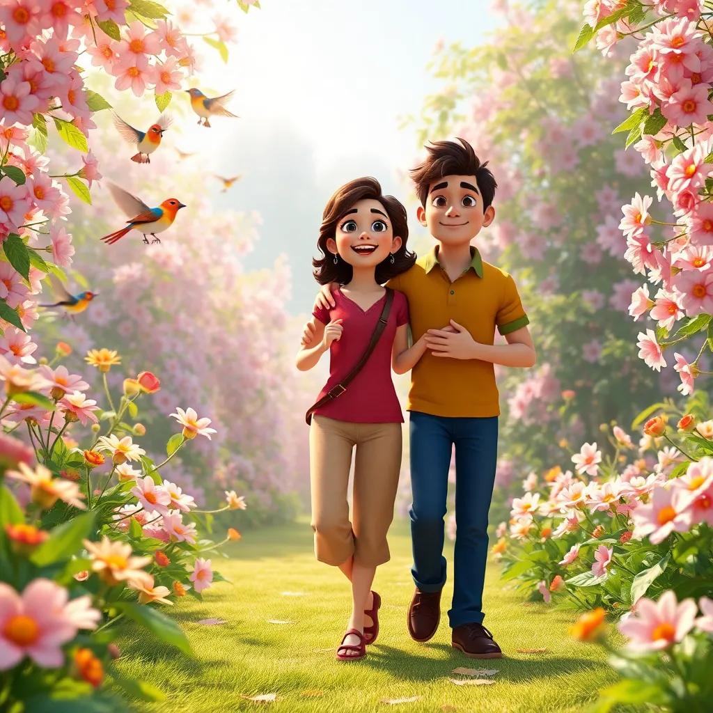 Silvio and Ana happily walking together in the garden, surrounded by blooming flowers and singing birds, with sunlight filtering through the leaves, colorful, beautiful scenery, joyful