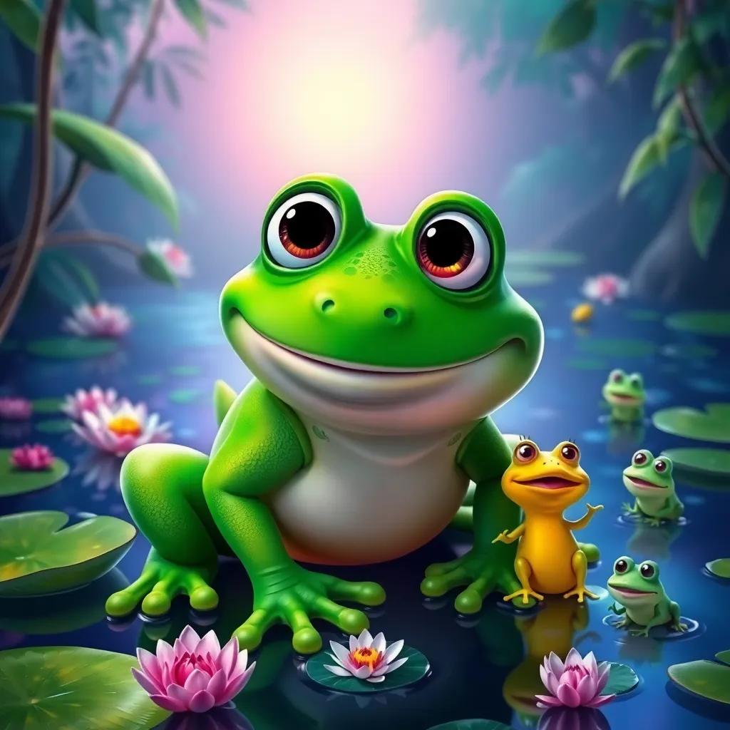 Tono the frog, a green frog with big cheerful eyes, inviting Silvio and Ana to a magical pond, with water lilies and other frogs playing, fun and vibrant setting, fantasy, adventure theme