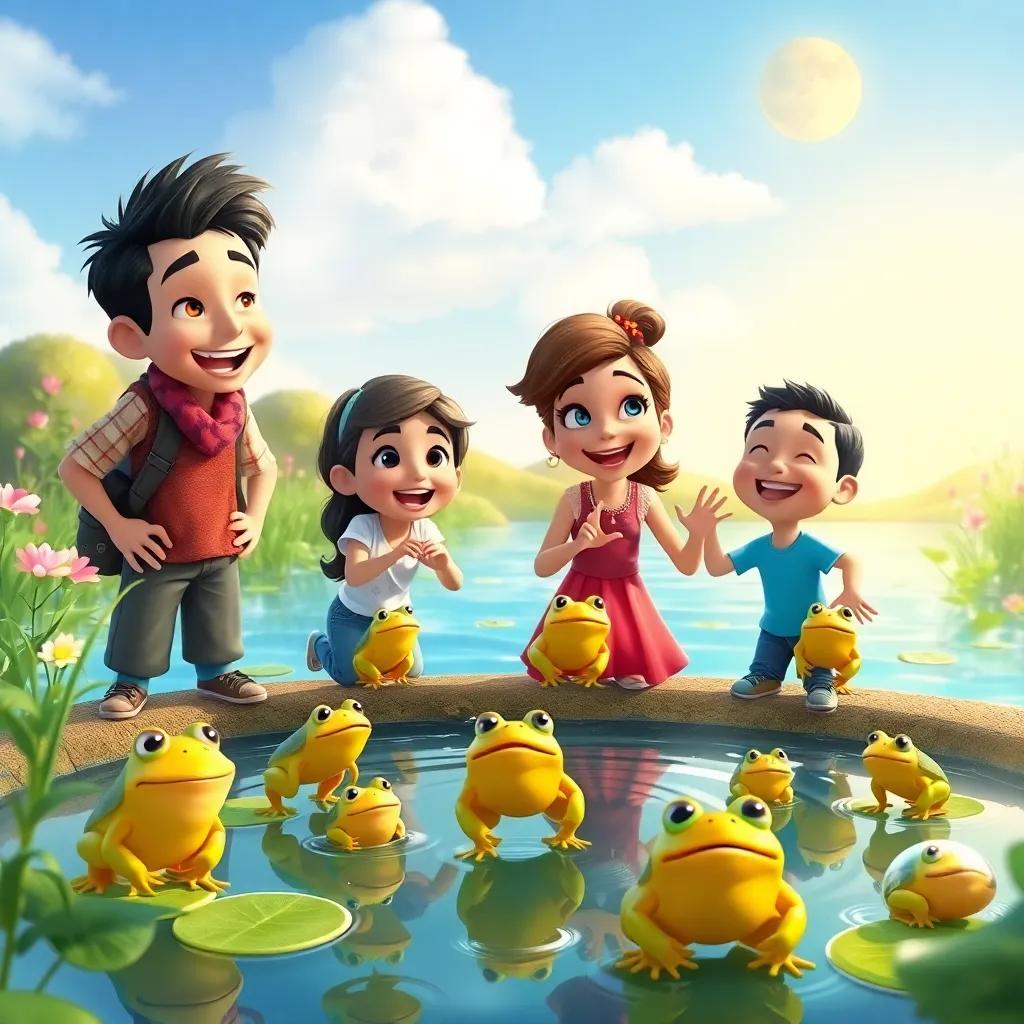 Silvio, Ana, and Tono playing games with jumping frogs at the magical pond during a sunny day, everyone laughing and enjoying their time, lively colors, happy atmosphere, family-friendly