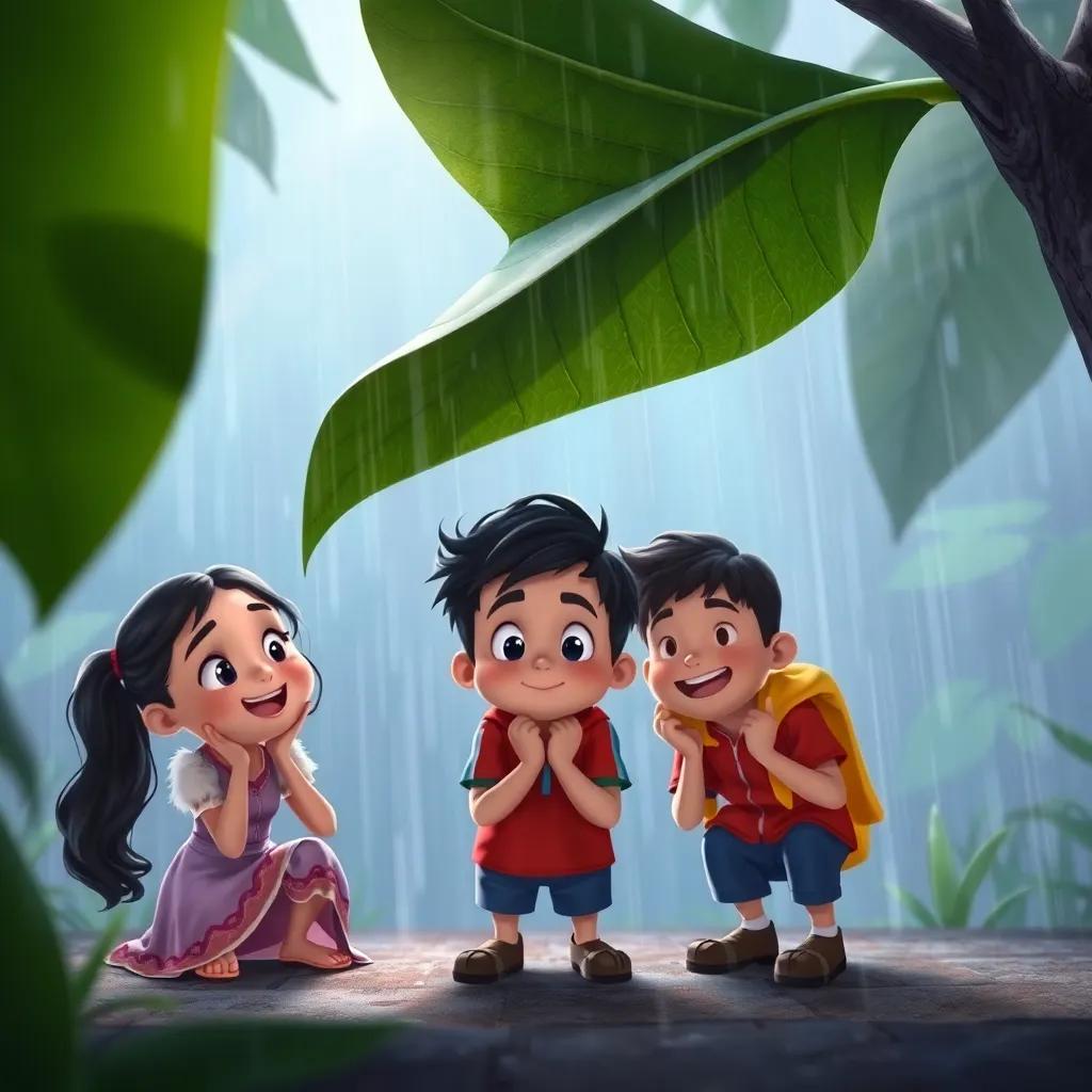 Silvio feeling a little scared under a large leaf while it rains, with his friends Ana and Tono cheering him up, focusing on their friendship, soft lighting, encouraging scene