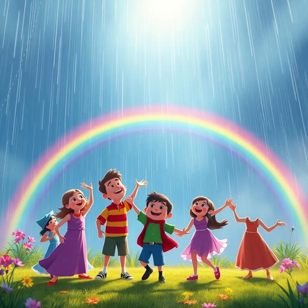 A beautiful rainbow appearing after the rain with Silvio and his friends celebrating and dancing under it, magical and hopeful vibes, bright colors, joyful