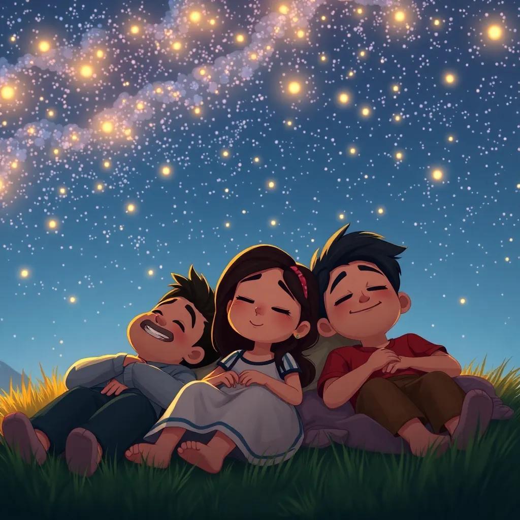 Silvio, Ana, and Tono sleeping outdoors under the stars, with a peaceful expression and dreamy night sky full of stars, tranquil scene, warm colors, heartwarming