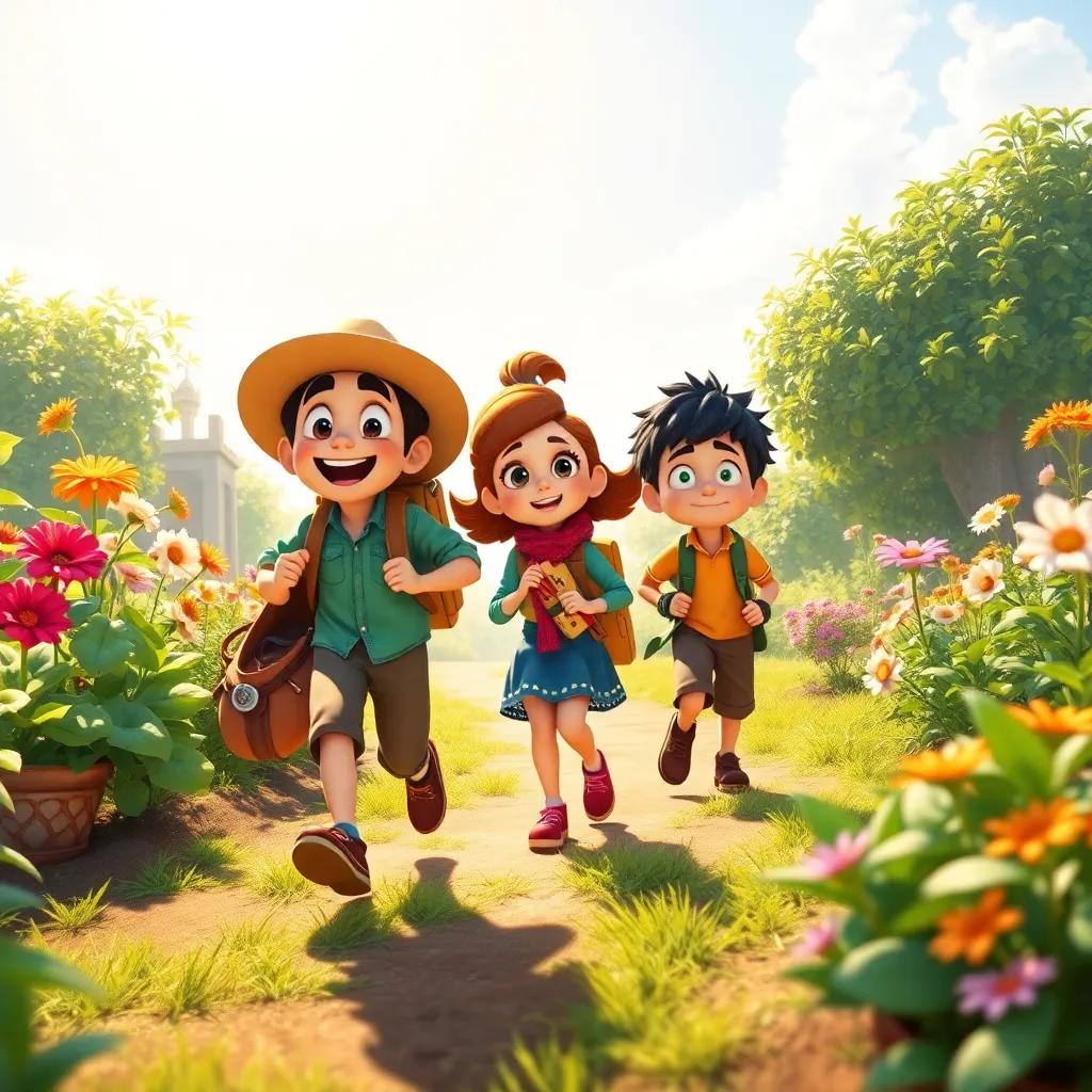 Silvio, Ana, and Tono setting off on their next adventure in the garden, filled with excitement and determination, bright sunshine, inspiring scene, colorful