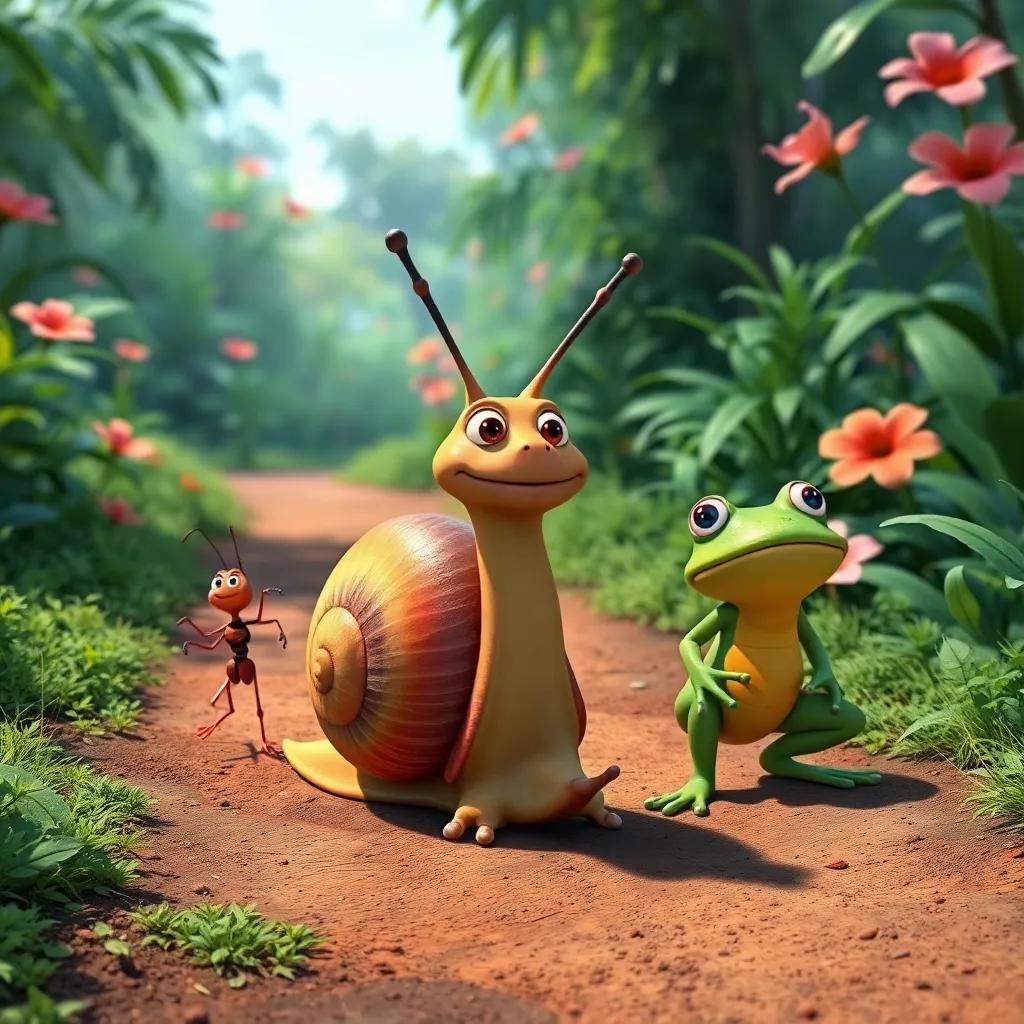Silvio, a determined snail, walking confidently with Ana the ant and Tono the frog by his side, exploring the lush garden ahead, adventure waiting, vibrant colors, engaging imagery