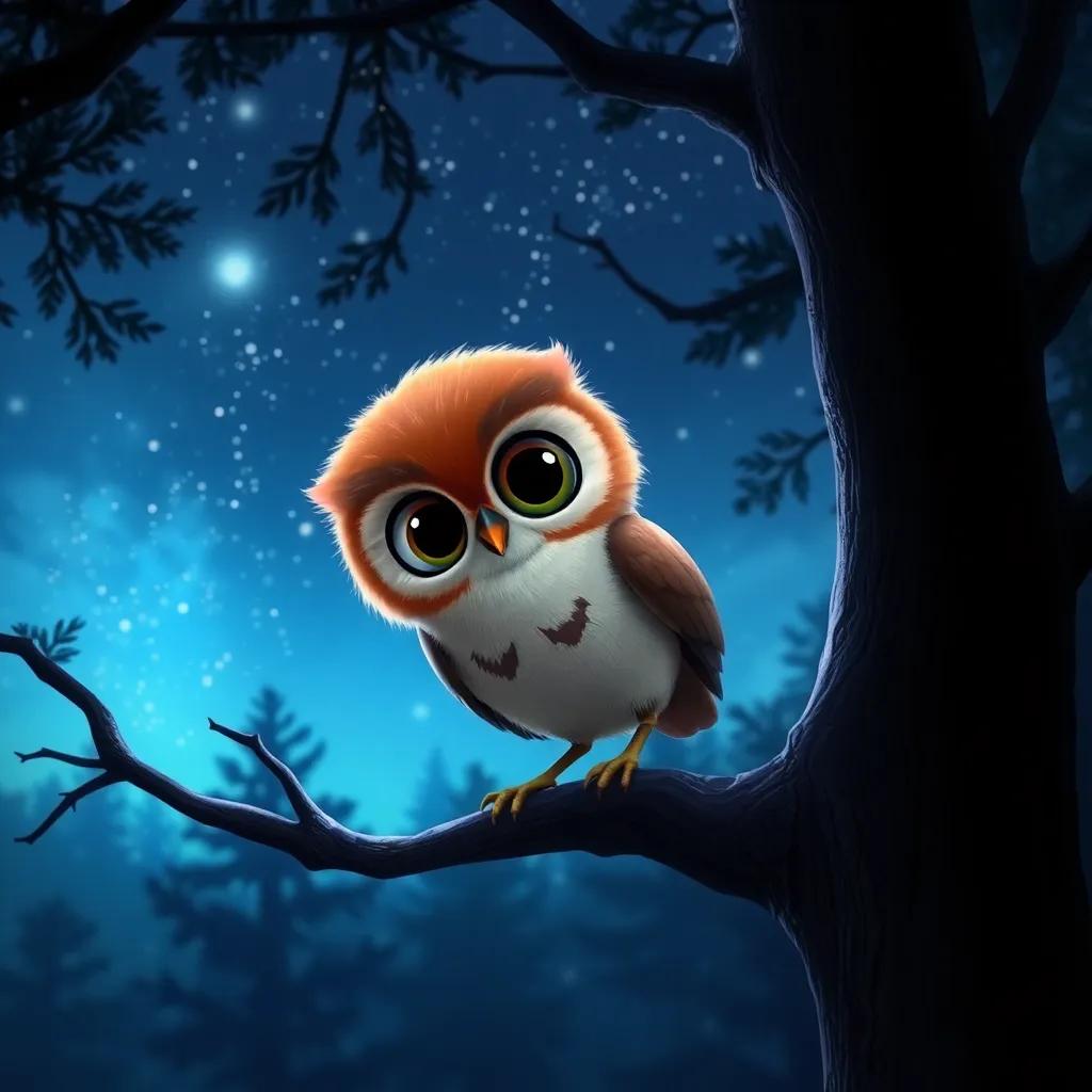 Un pequeño búho, Oliver, con plumaje marrón claro y ojos grandes, sentado en una rama bajo un cielo estrellado, bosque oscuro y misterioso, digital art, vibrante, mágica atmósfera, alta calidad