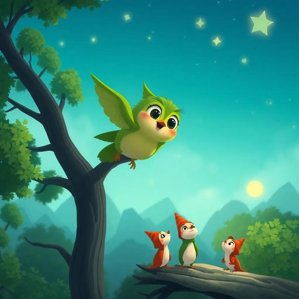 Oliver el búho volando sobre el bosque, mirando hacia abajo a una familia de conejos preocupados, árboles verdes y estrellas brillantes, ilustración, cálida, aventurera, amigable para niños