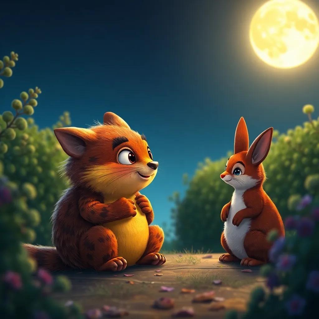 Oliver el búho, hablando con una mamá conejo y su pequeño conejo Coco, en un área de arbustos, con una luna brillante en el fondo, colorido, cálido y acogedor, detalle alto