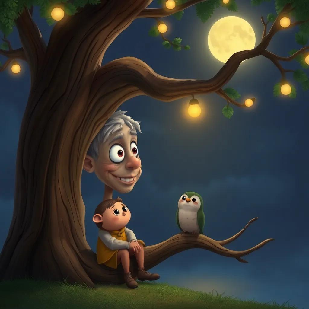 Un viejo árbol sabio, con ojos amables, hablando con Oliver el búho, ambientación de noche con luces de luna, ilustración mágica y acogedora, alta calidad, detallado