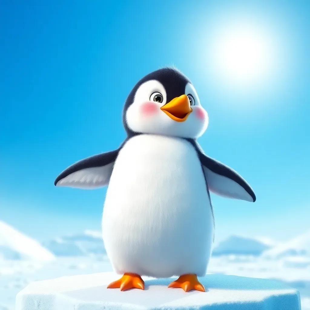 A small penguin, Pipo, with soft, fluffy feathers, looking excited while standing on an ice floe under a bright blue sky, digital art, cheerful atmosphere, vibrant colors, high quality
