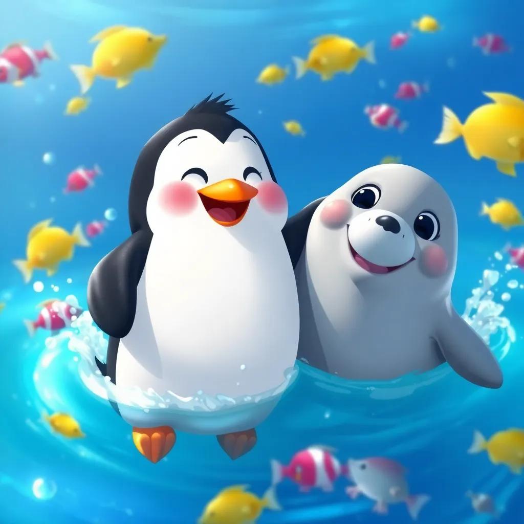 Pipo the penguin and Lila the seal, smiling and splashing in the bright blue ocean water, surrounded by colorful fish, playful and joyful scene, detailed illustration