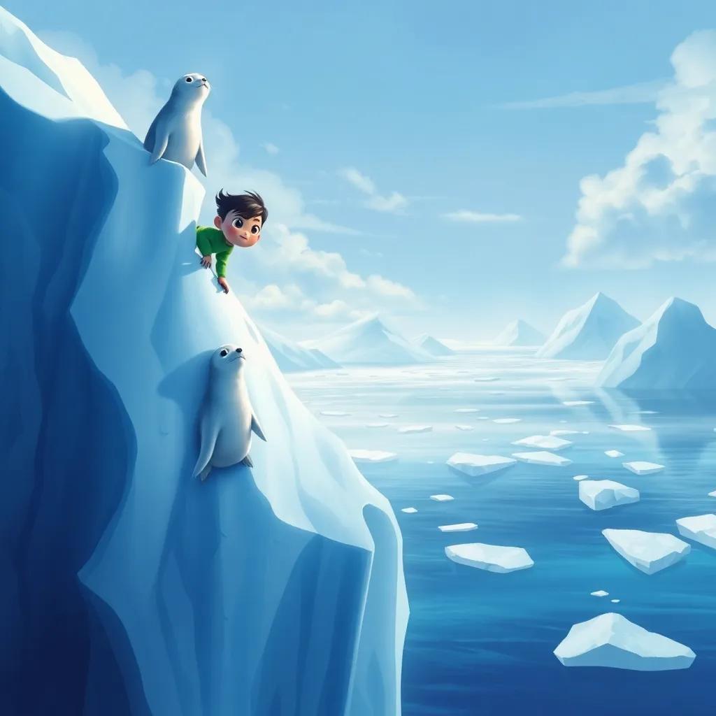 Pipo climbing up a big iceberg with Lila the seal, both looking determined, with a beautiful icy landscape in the background, digital painting, adventurous vibe, high quality