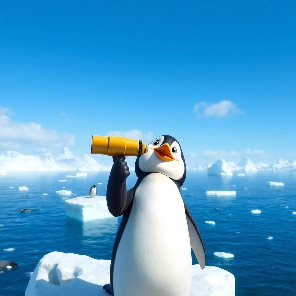 Pipo the penguin looking through a telescope from the top of the iceberg, spotting other penguins and whales in the ocean, scenic view, bright sunny day, detailed