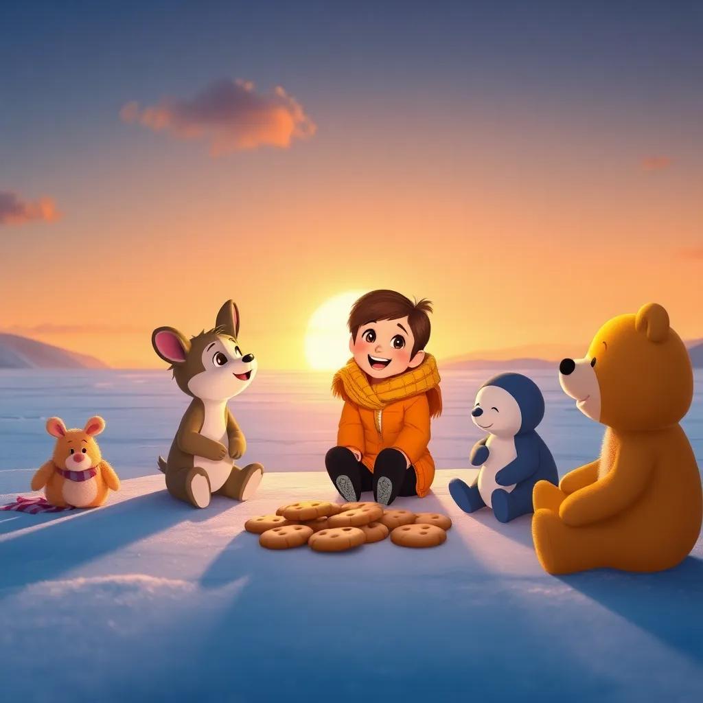 Pipo, Lila, and Toto sitting on the ice, sharing cookies and laughing together, the sun setting behind them, warm colors, cozy and friendly atmosphere, high quality
