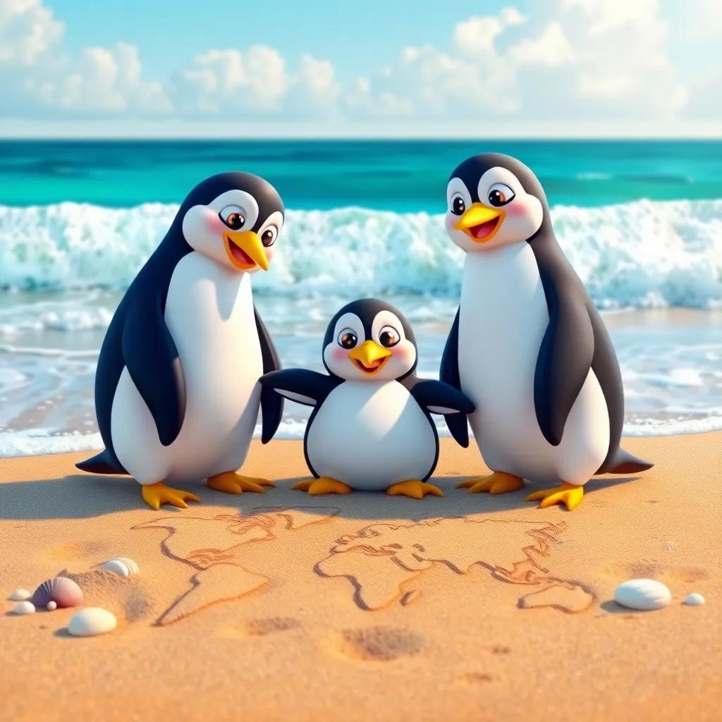 A joyful penguin trio creating a map in the sand on the beach, with shells and vibrant ocean waves, colorful scene, sunny day, cheerful and lively