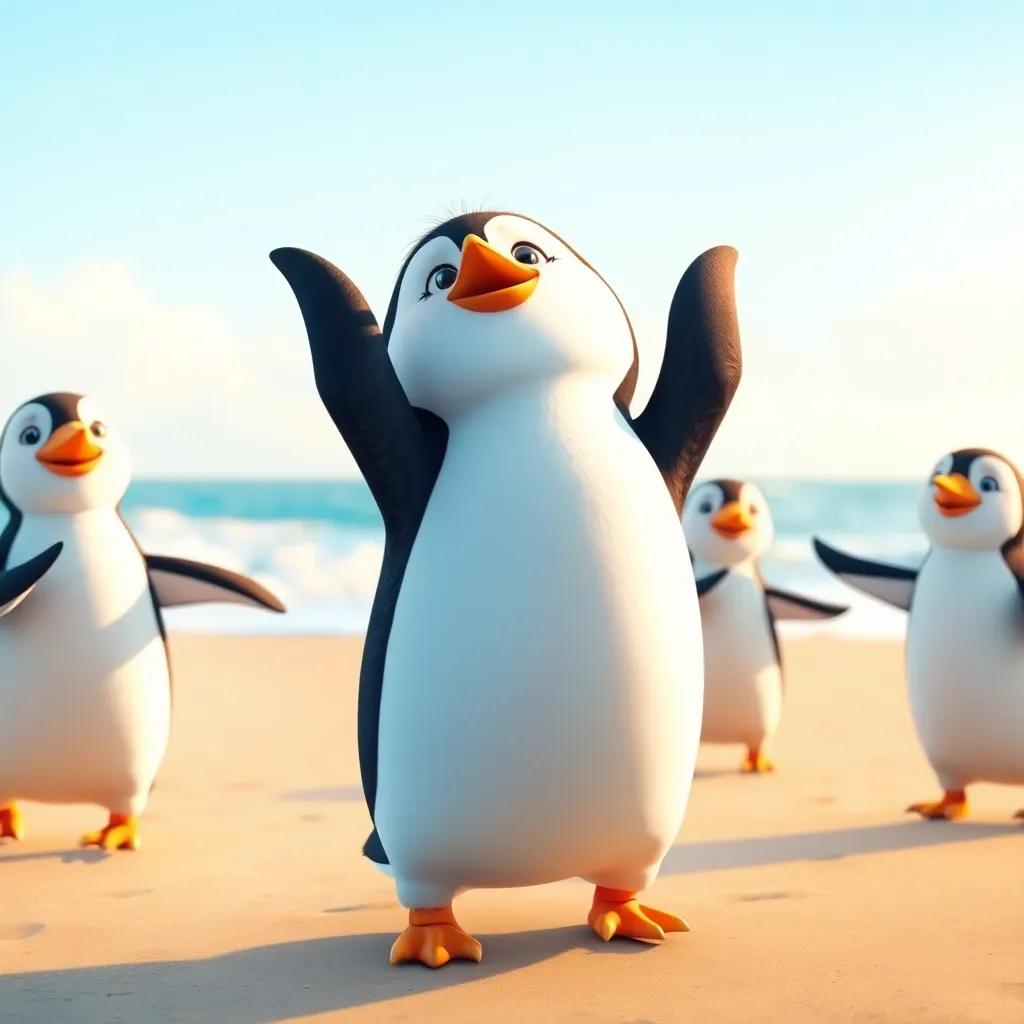 Pipo the penguin looking excited with happy friends around, holding hands and walking towards the beach, soft light, warm colors, happy mood, high quality