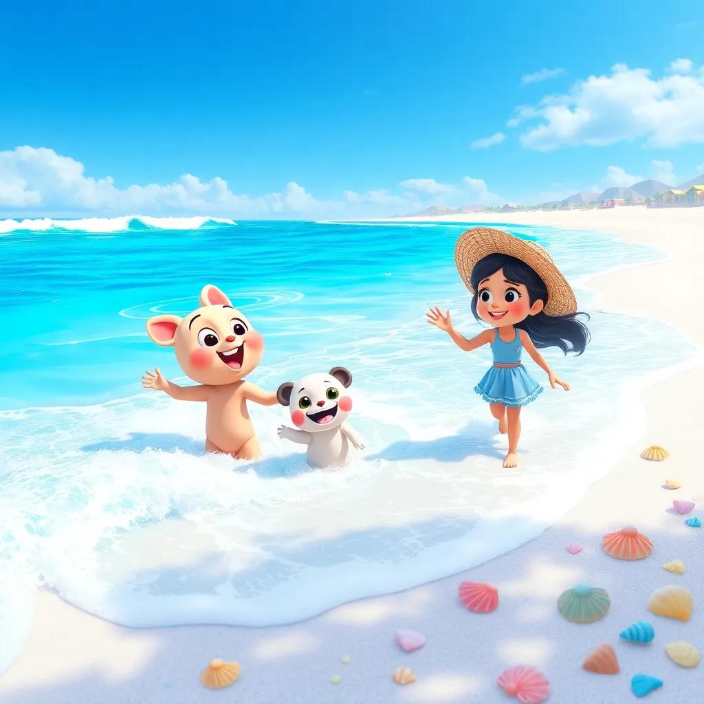 A beautiful beach scene with Pipo, Lila, and Toto playing in the waves, bright blue sea, white sand, colorful shells, joyful and fun vibe, detailed illustration