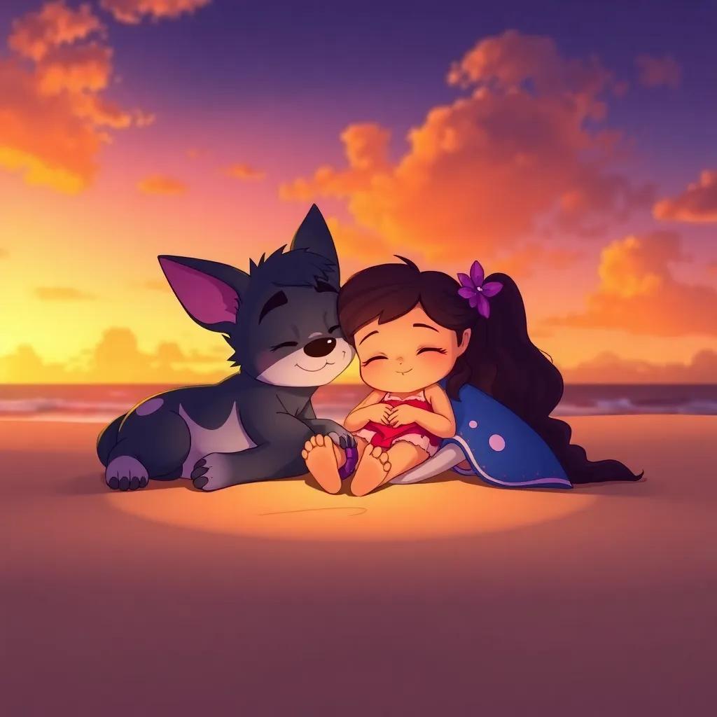 Pipo, Lila, and Toto resting on the beach, cuddled together under a sunset sky, reflecting on their day, warm colors, peaceful atmosphere, high quality