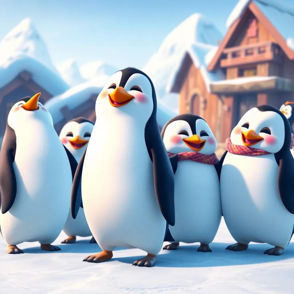 Pipo the penguin, feeling happy and proud with his friends by his side, arriving back home to their icy village, joyful expressions, cold environment, vibrant art style