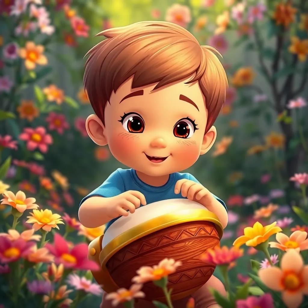 Un pequeño niño, Luis, con cabello rizado y una camiseta azul, tocando un tambor brillante en un jardín lleno de flores coloridas, ilustración, estilo infantil, luz brillante, colores vivos, perspectiva cercana, alta calidad